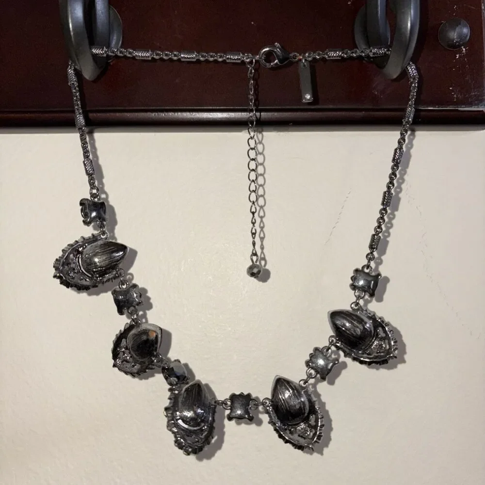 White House Black Market Dark Pink & Black SilverTone Statement Bold Necklace